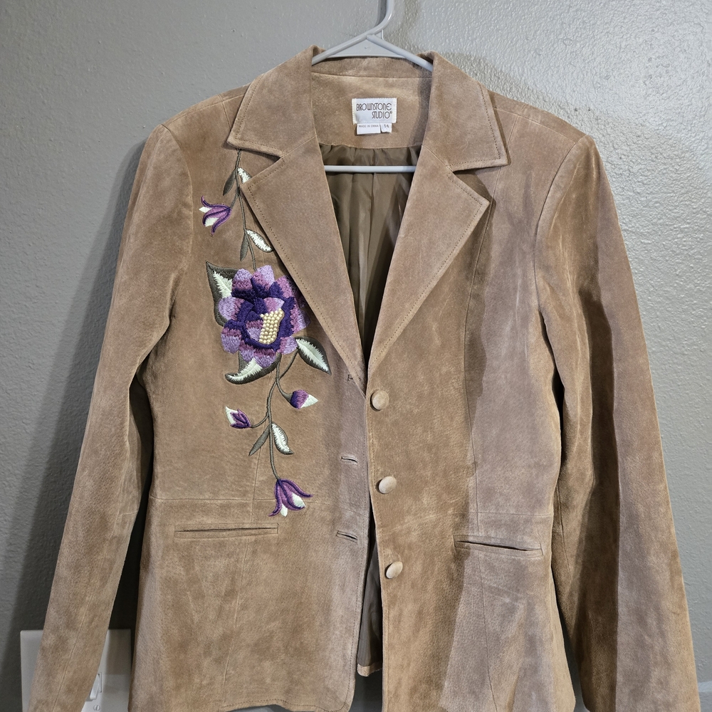 Brownstone Studio Genuine Leather Embroidered Flower Jacket Size 14